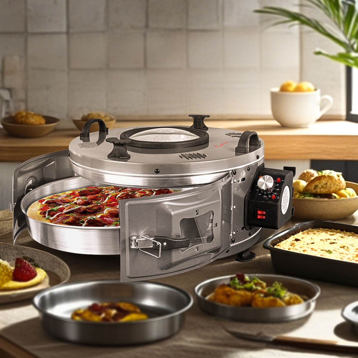 CONDERE Oven, Thermostatic Roaster Oven TH-1241-1500W Electric Roaster Pan with Lid, Adjustable Heat Control, and 3 Deep Trays