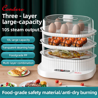 CONDERE 3-Layer Electric Steamer 10L – Multifunctional Food Steamer for Cooking, Vegetable Steamer, Steamer Pot for Kitchen, Electric Steam Cooker for Meat, Seafood & Dumplings