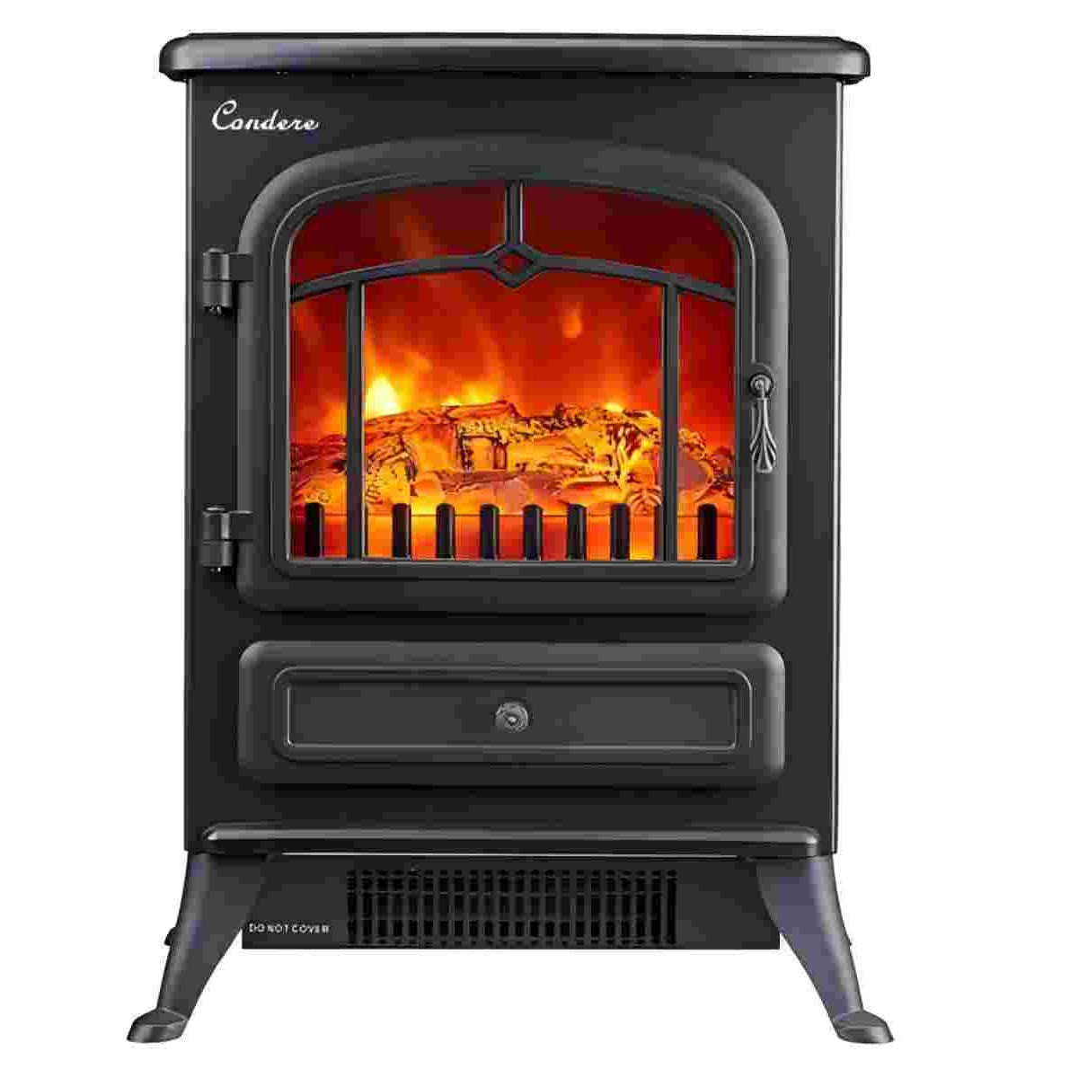 CONDERE Electric Heater ZR-8002, Freestanding Electric Fireplace Heater with Real Log Flame Effect, Adjustable Thermostat, 2 Heat Settings, Perfect Space Heater for Bedroom, Office, and Large Room