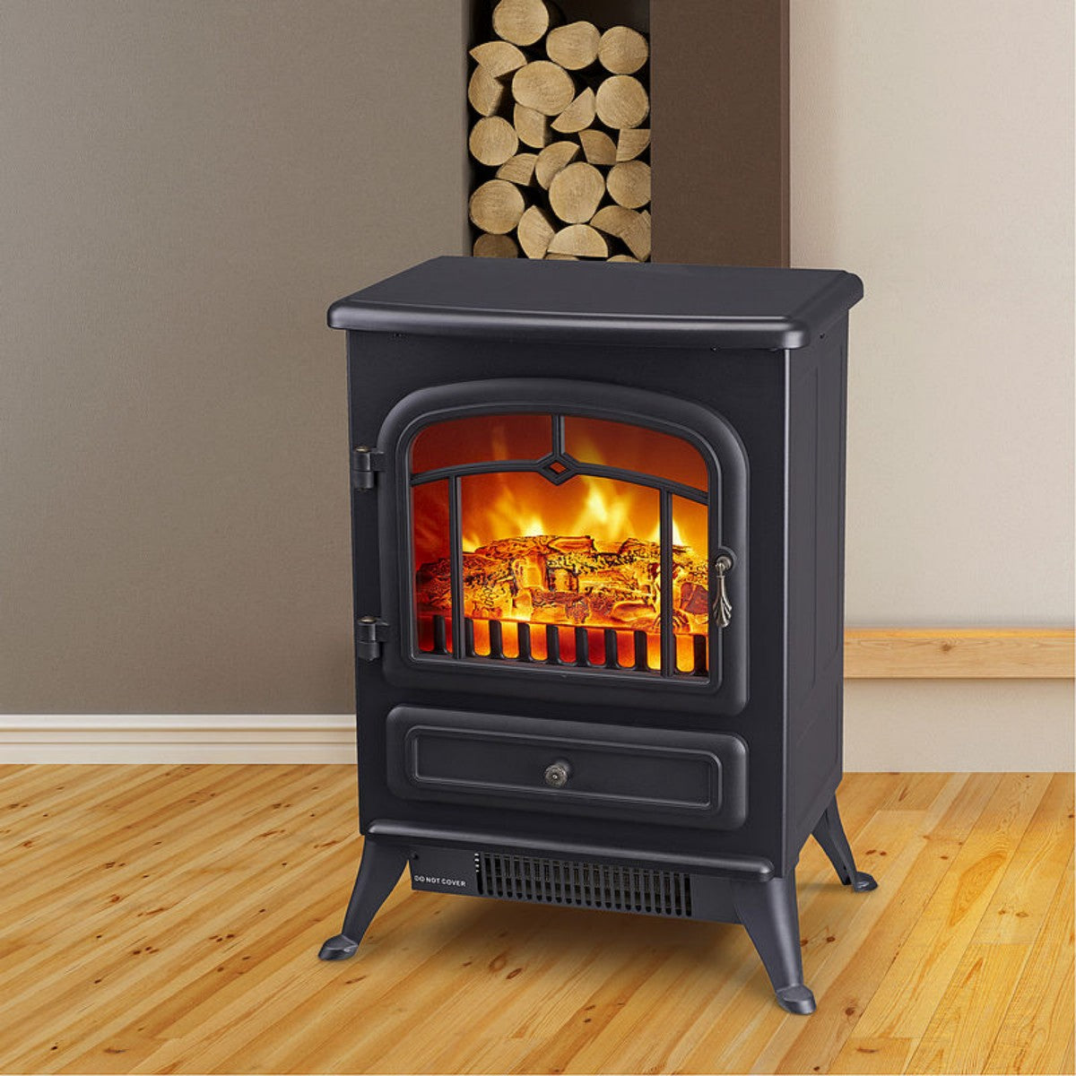 CONDERE Electric Heater ZR-8002, Freestanding Electric Fireplace Heater with Real Log Flame Effect, Adjustable Thermostat, 2 Heat Settings, Perfect Space Heater for Bedroom, Office, and Large Room