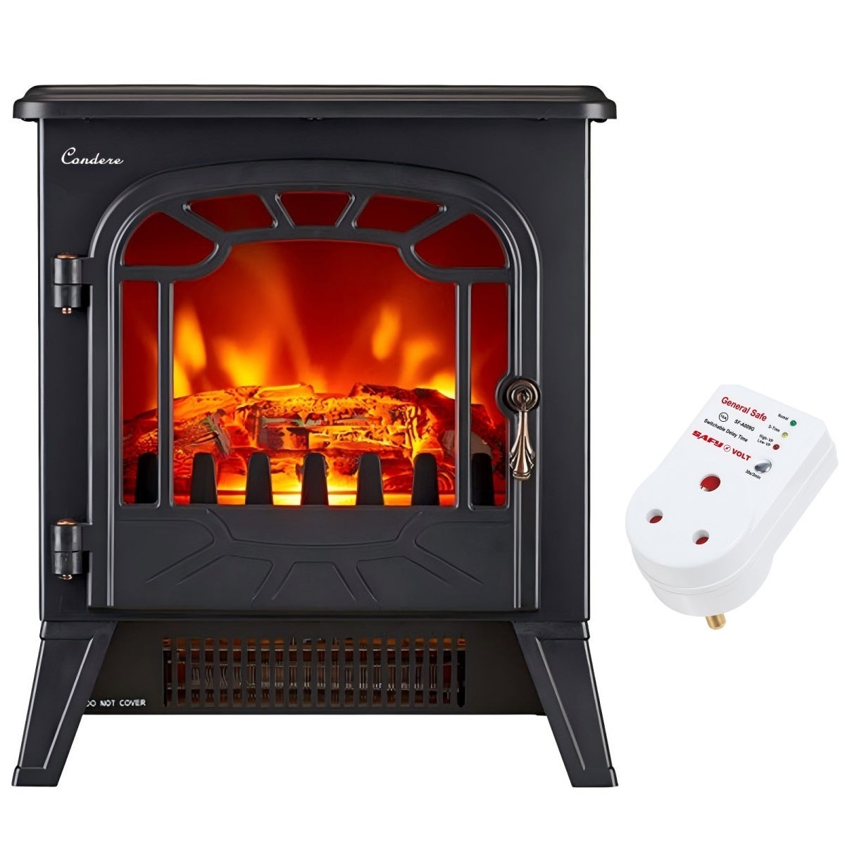 CONDERE Electric Heater ZR-8003 Fireplace Heater with Real Log Flame Effect, 2 Heat Settings, Safety Thermal Cut-Off, and Free Voltage Protector for Large Rooms, Bedroom, and Office Use