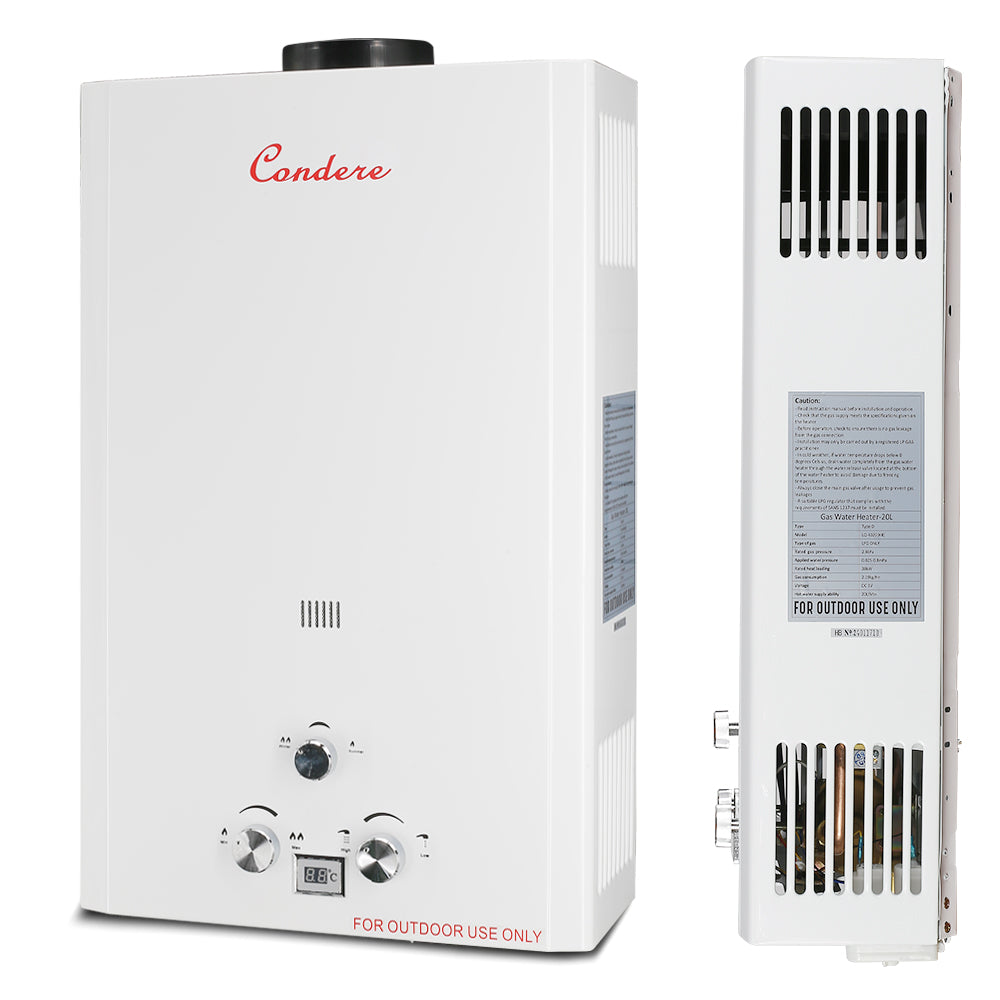 Condere LPG Tankless Water Heater Gas 20L, Outdoor Gas Water Heater with LED Display, Flame Failure & Overheat Protection – LQ-4020(HB), Ideal for Family Use.